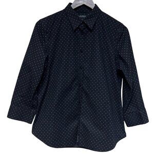 Lauren Ralph Lauren Women's Shirt Blue Green Polka Dot Stretch Non Iron Large